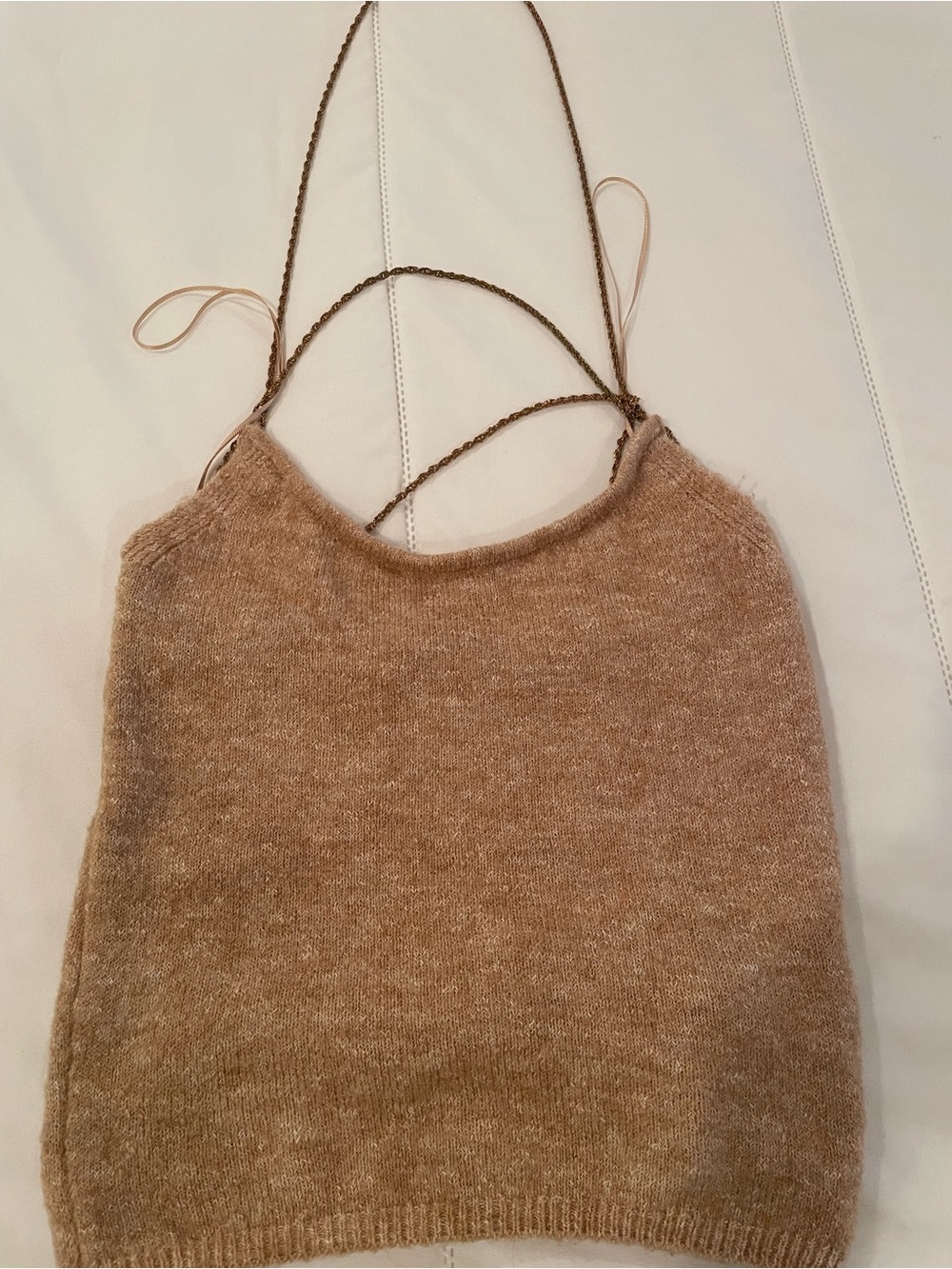 Zara Tan Knit Halter Tank with Braided Straps. Crisscross chain in the back.
